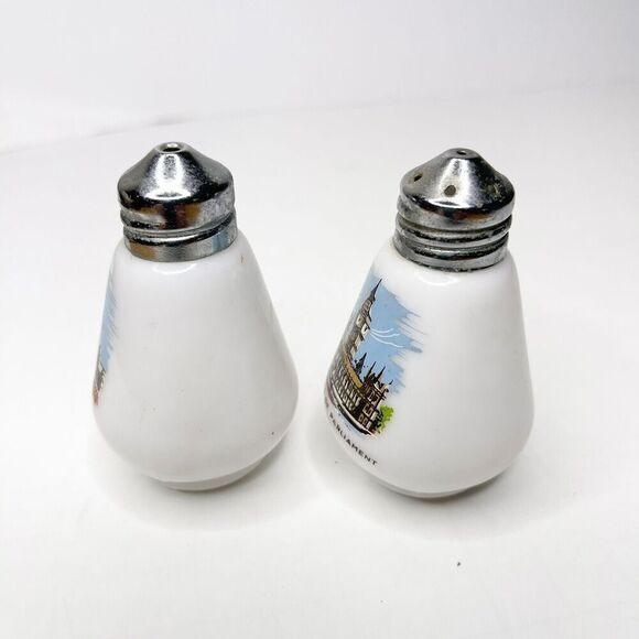 Vintage London Souvenir Milk Glass Salt Pepper Shakers Big Ben Trafalgar Square - Picture 3 of 6
